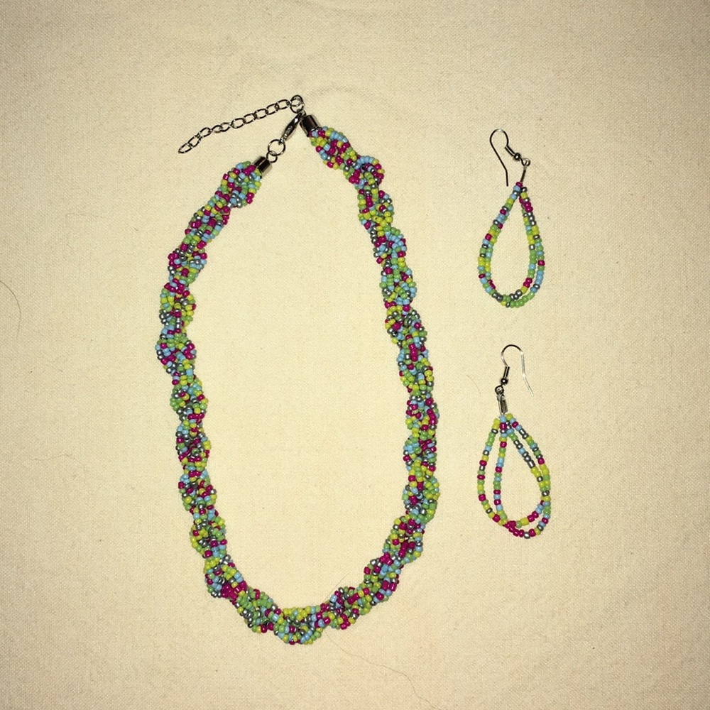 Multi-colored beaded necklace and earrings